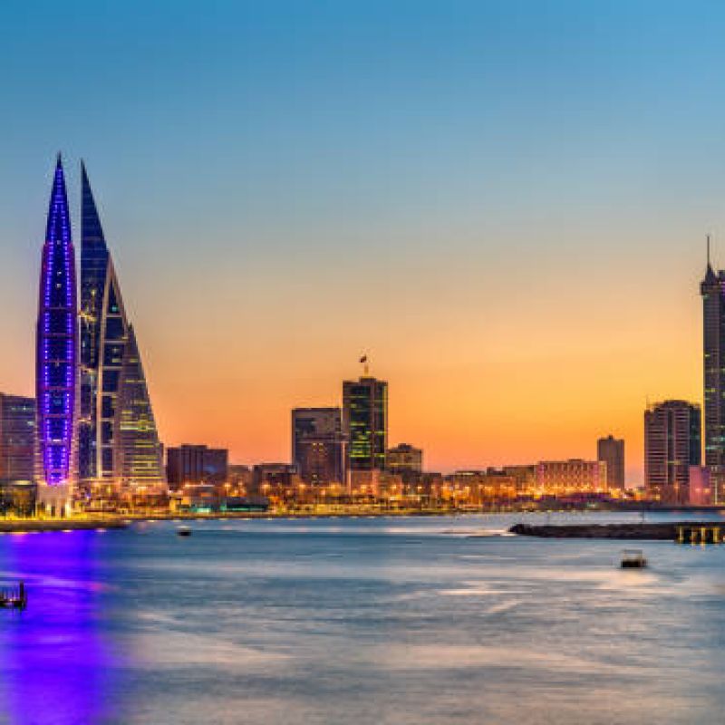 Skyline of Manama at sunset. The capital of Bahrain